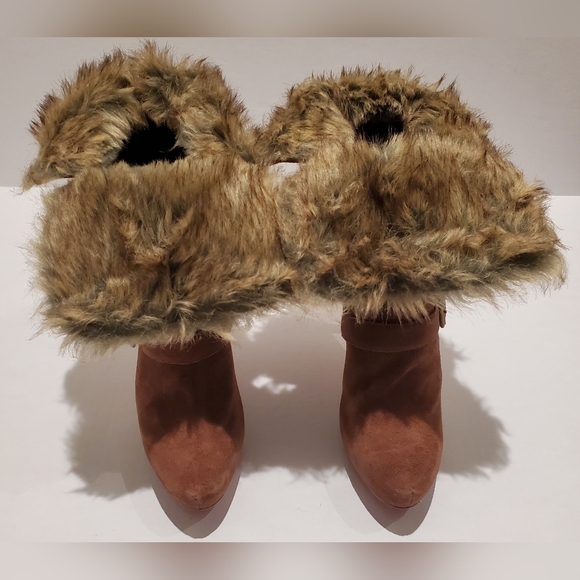 Paris Hilton Candace Brown Heeled Boots with Buckle and Faux Fur Detail Sz 10M - Picture 6 of 16